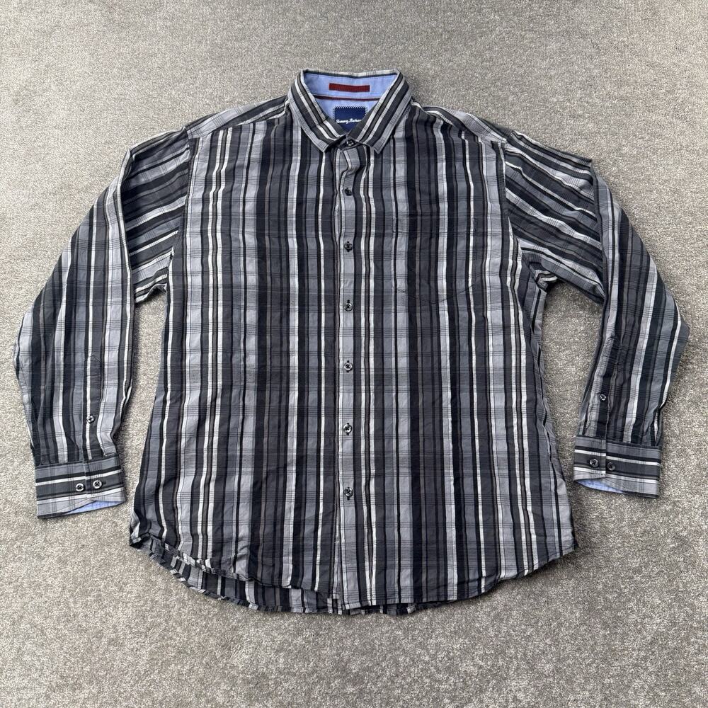 Tommy Bahama Shirt Mens XXL Black/Gray Striped Floral Silk Blend Hawaiian Aloha
